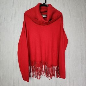 MICHAEL KORS Red Cowl Neck Fringe Hem Loose Fitting Sweater L